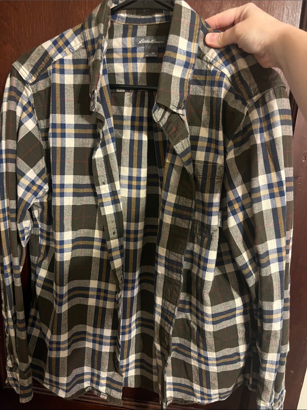 Eddie Bauer Olive, White & Blue Plaid Flannel Shirt